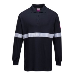 Portwest FR03 Polo manica lunga resistente alla fiamma, antistatica con banda riflettente, Blu navy 4XL