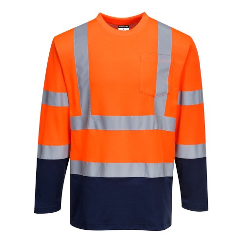 Portwest S280 T-shirt Bicolore Cotton Comfort maniche lunghe Hi-Vis, Arancione/Blu navy XL