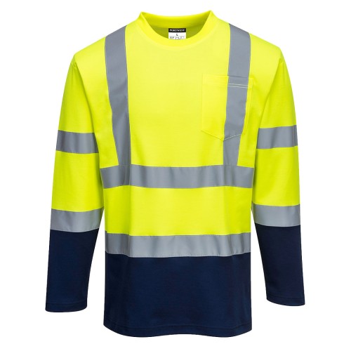 Portwest S280 T-shirt Bicolore Cotton Comfort maniche lunghe Hi-Vis, Giallo/Blu navy XL